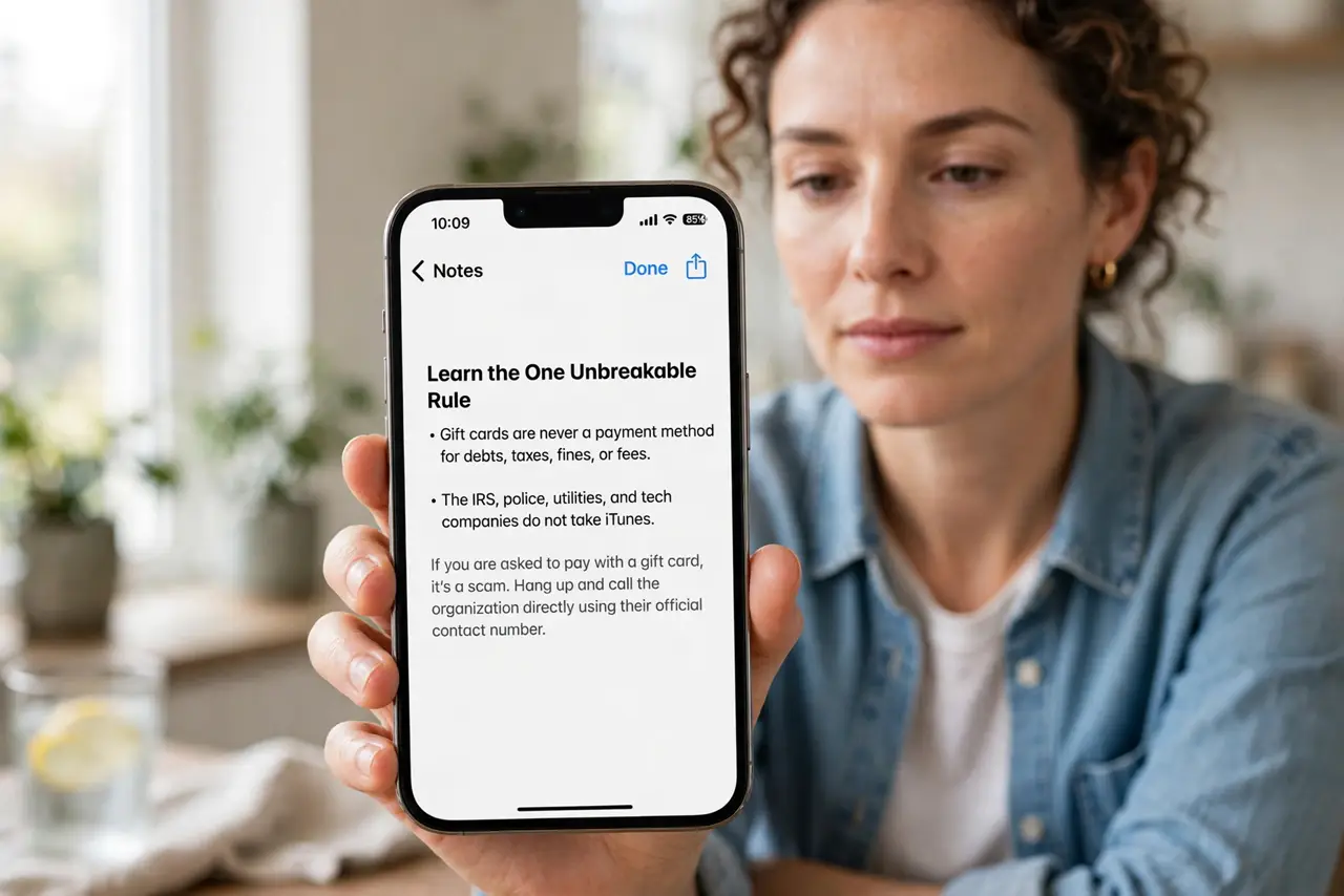 A person performing the guide's first step: Learn the one unbreakable rule. Gift cards are never a payment method for debts, taxes, fines, or fees. The IRS, police, utilities, and…