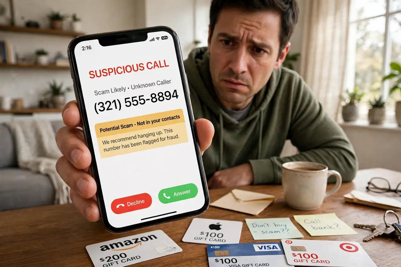 A person at home holding a real phone with a suspicious call on screen and real gift cards on the table, the person's face alarmed but pausing, living room daylight..