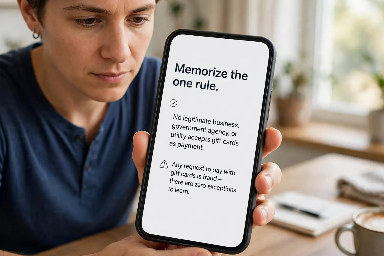 A person performing the first step of the guide: Memorize the one rule. No legitimate business, government agency, or utility accepts gift cards as payment.