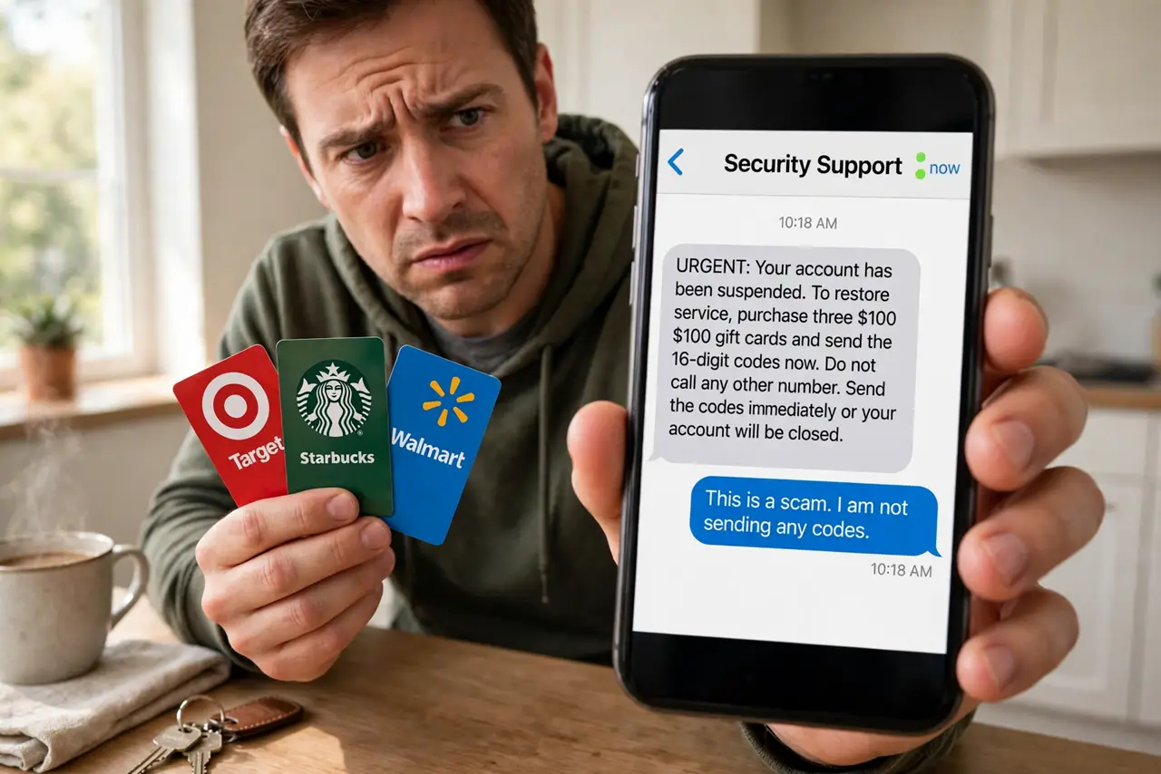 A person holding a real phone showing a text message demanding gift card codes, the person's other hand holding store gift cards, face suspicious and.