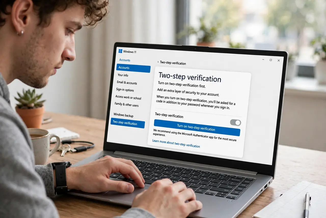 A person doing the guide's first step: Turn on two-step verification first.