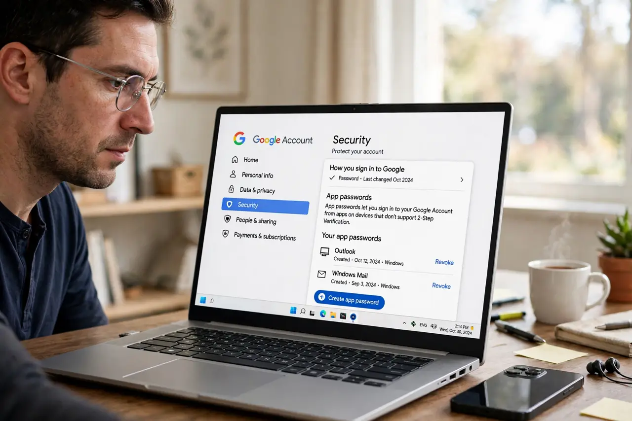 A person looking at a real laptop showing Google account security settings with a legible app passwords section, a phone beside the laptop, the person's face focused, home office.