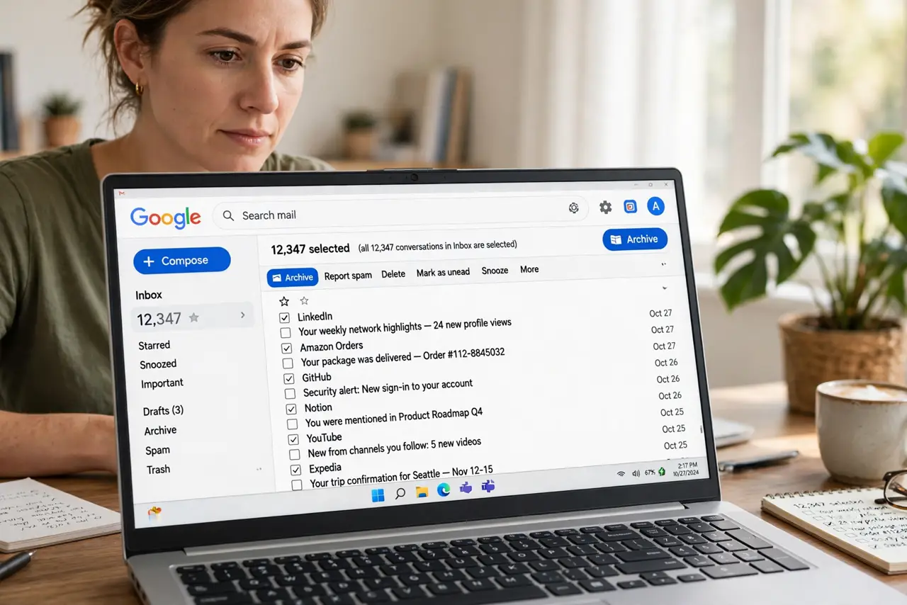 a person using a real laptop showing Gmail with thousands of emails selected and the Archive button highlighted, the inbox counter showing a large number, the person's face determined, bright home office.