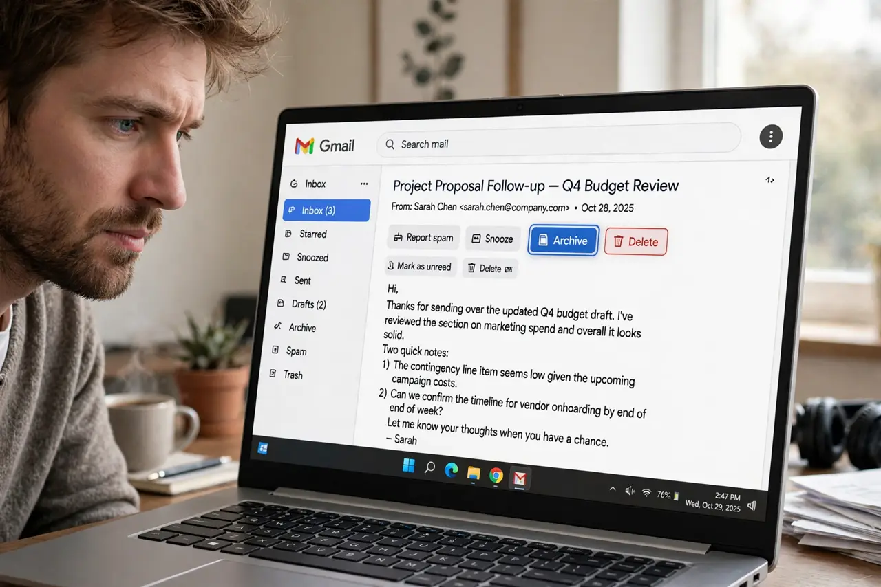 A person looking at a real laptop screen showing a Gmail inbox with the archive and delete buttons highlighted on an open email, the person's face thoughtful, home office.