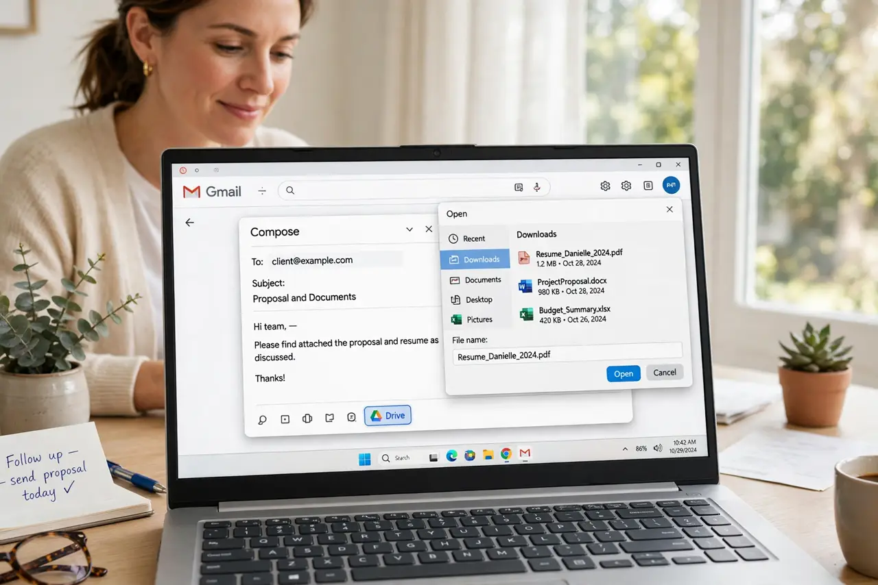 a person using a real laptop showing Gmail compose with the Google Drive attach button highlighted and a file picker legible on screen, the person's face relieved, bright home office.