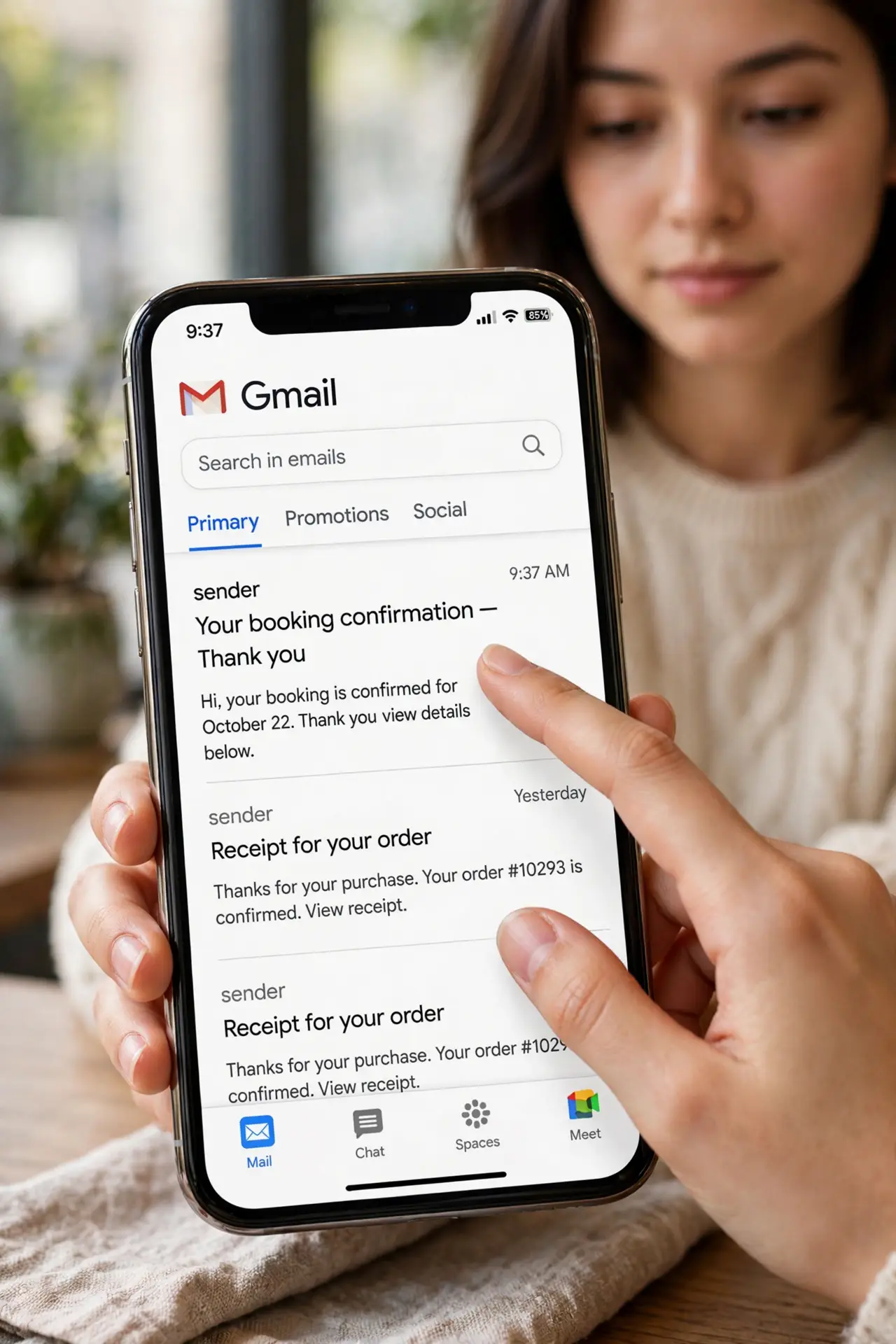 A person carrying out step one: open one email from the sender.