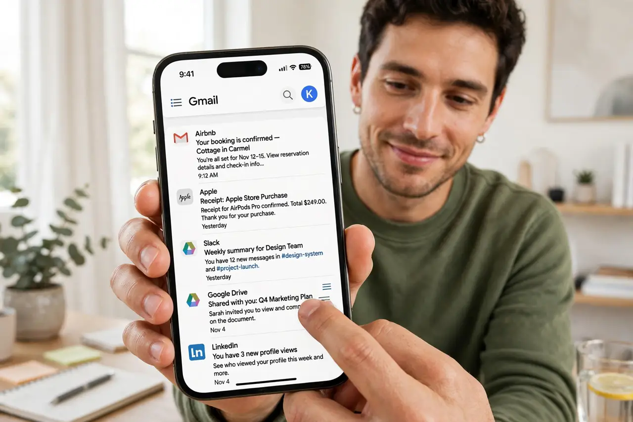 A person holding a real iPhone showing the Gmail app with a legible inbox list, tapping a menu, the person's face calm and relieved, bright home office.