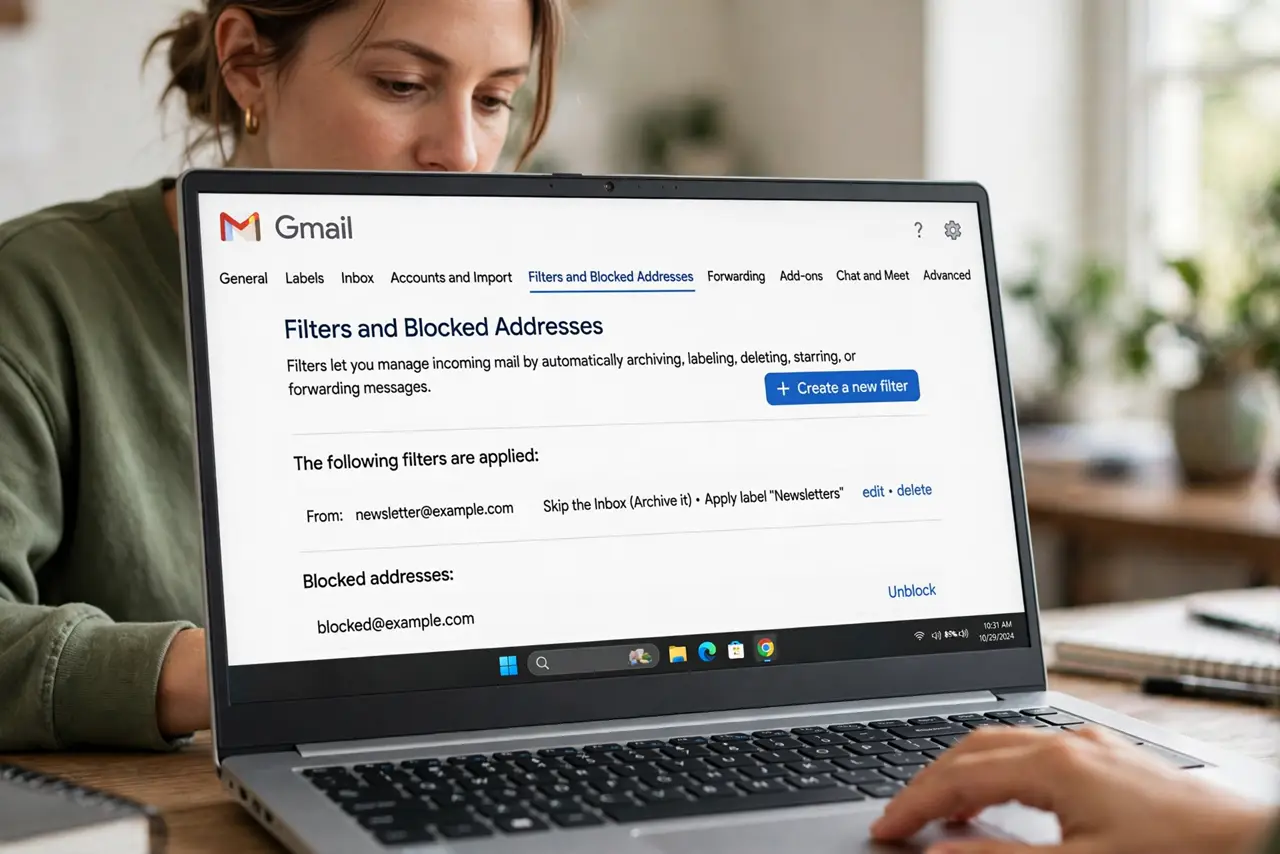 A person performing step 1: Open Filters and Blocked Addresses.