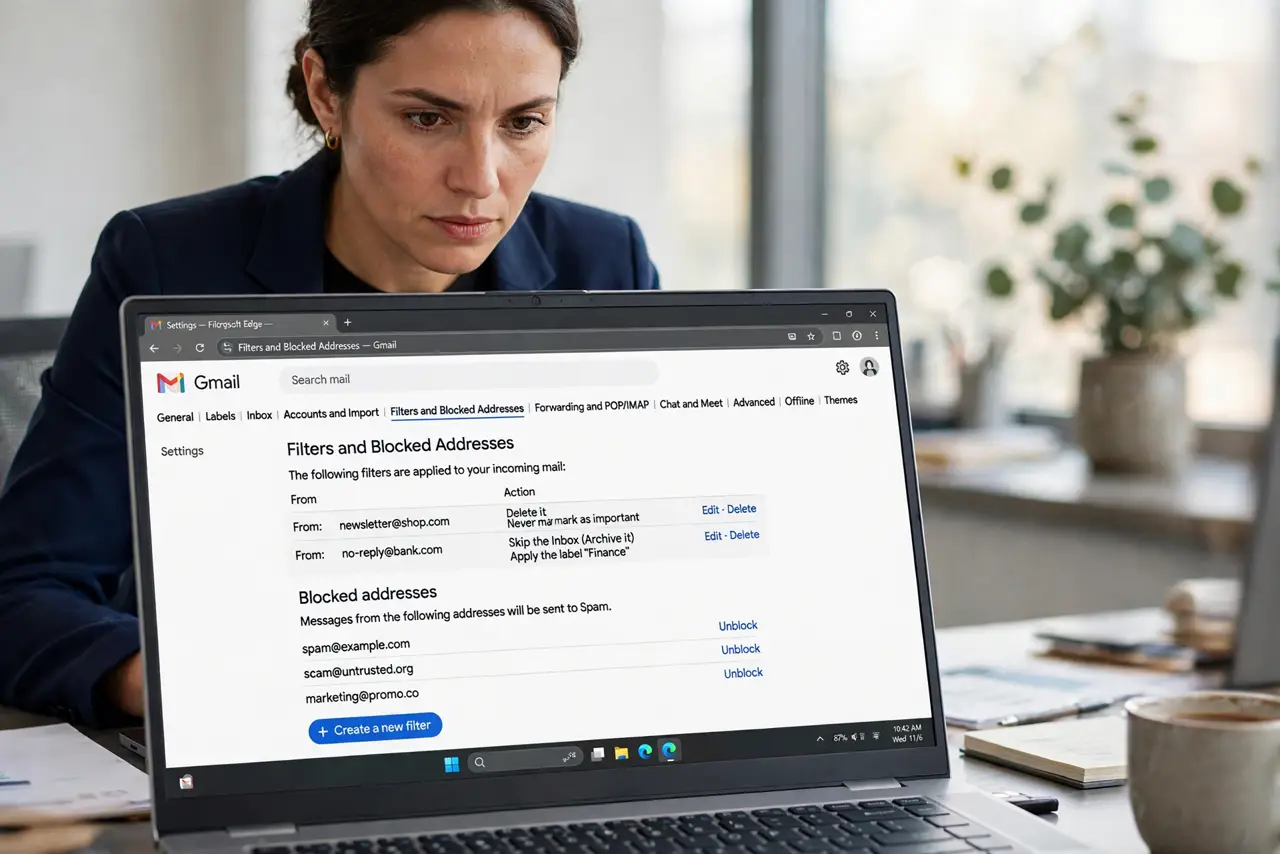 A person at a desk with a real laptop showing Gmail settings Filters and Blocked Addresses tab with entries legible, the person's face decisive.