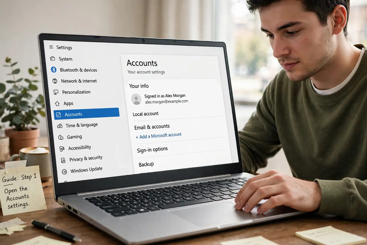 A person doing the guide's first step: Open the Accounts settings.