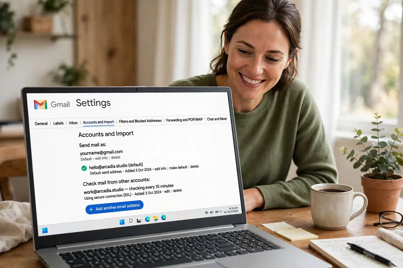 A person looking at a real laptop screen showing Gmail settings with an added email account listed, the person's face satisfied, home office.