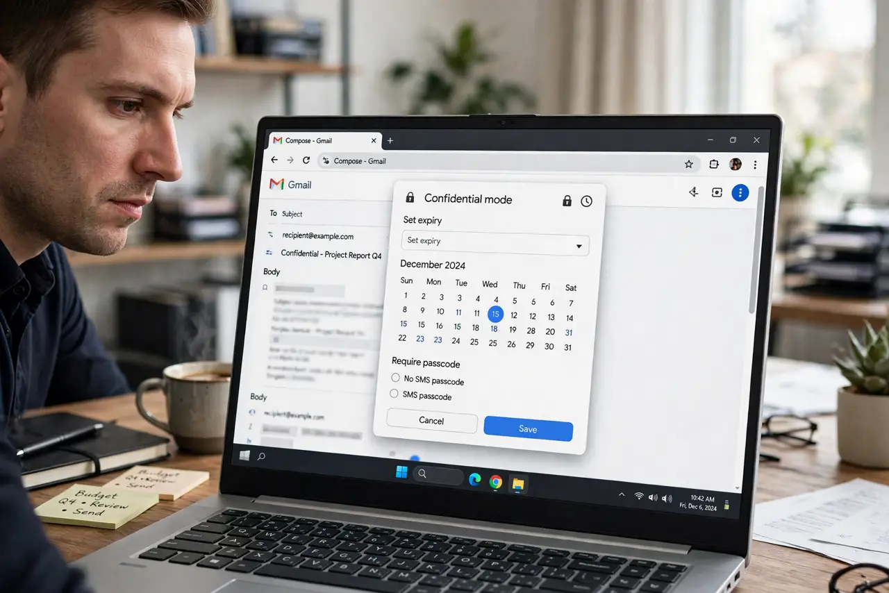 A person at a desk with a real laptop showing Gmail confidential mode settings with an expiry date picker legible, the person's face serious.