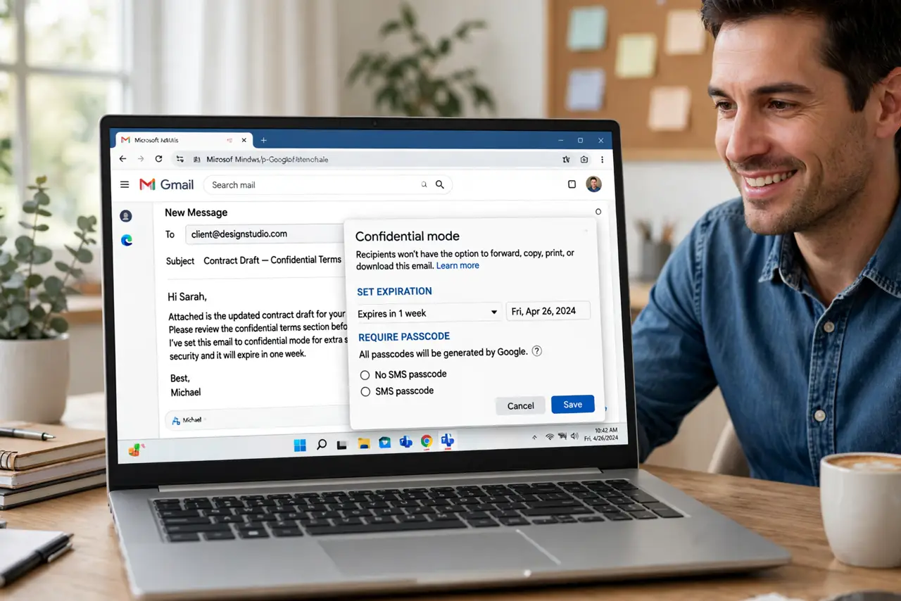 a person looking at a real laptop showing Gmail compose with the confidential mode dialog open showing expiry and passcode options, the person's face reassured, bright home office.