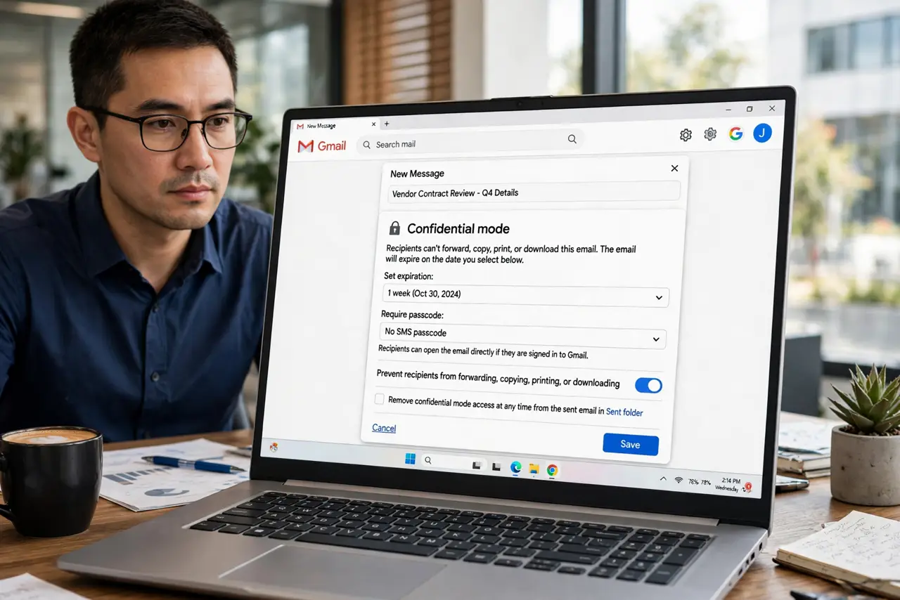 What Gmail Confidential Mode Really Does — a serious adult at a desk with a real laptop showing Gmail's confidential mode settings with fully legible opt