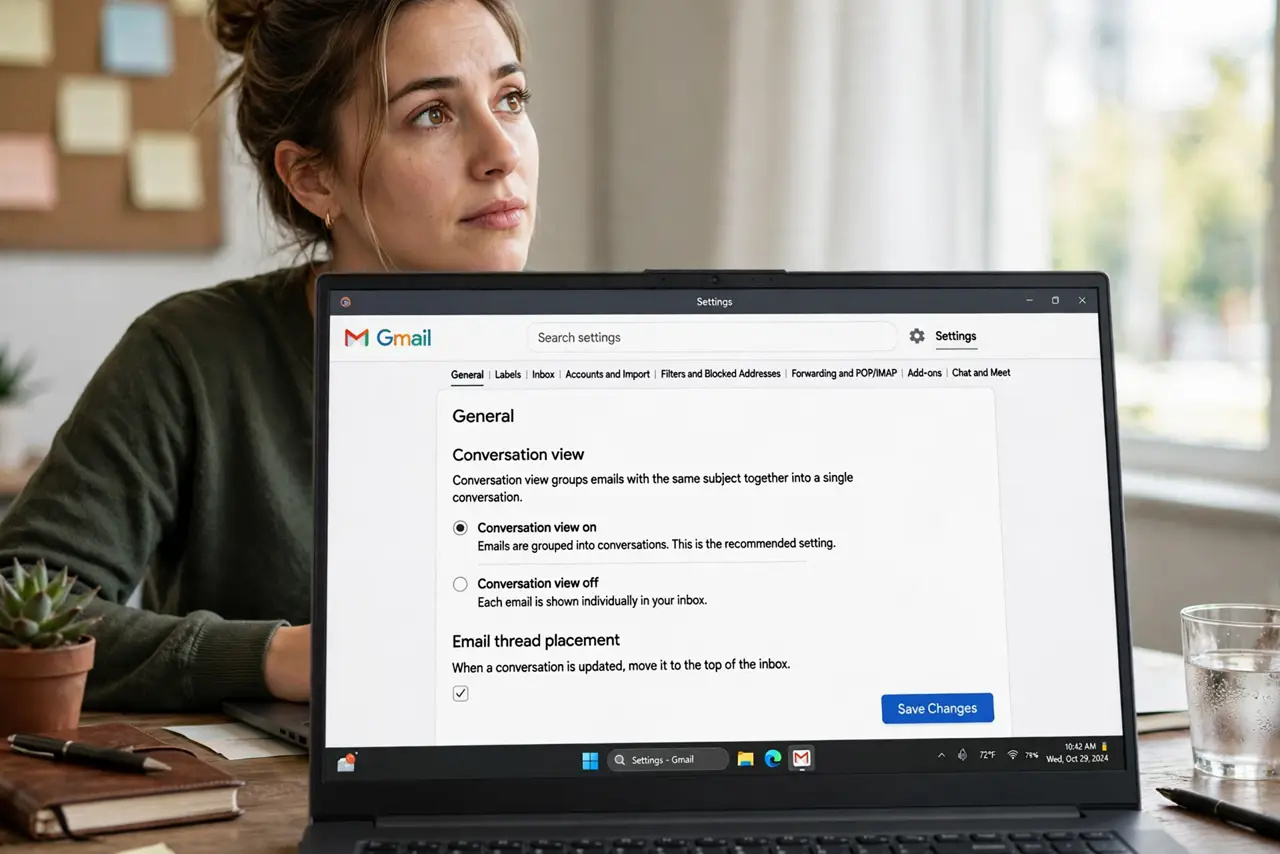A person at a desk with a real laptop showing Gmail settings with Conversation View options legible on screen, the person's face thoughtful.