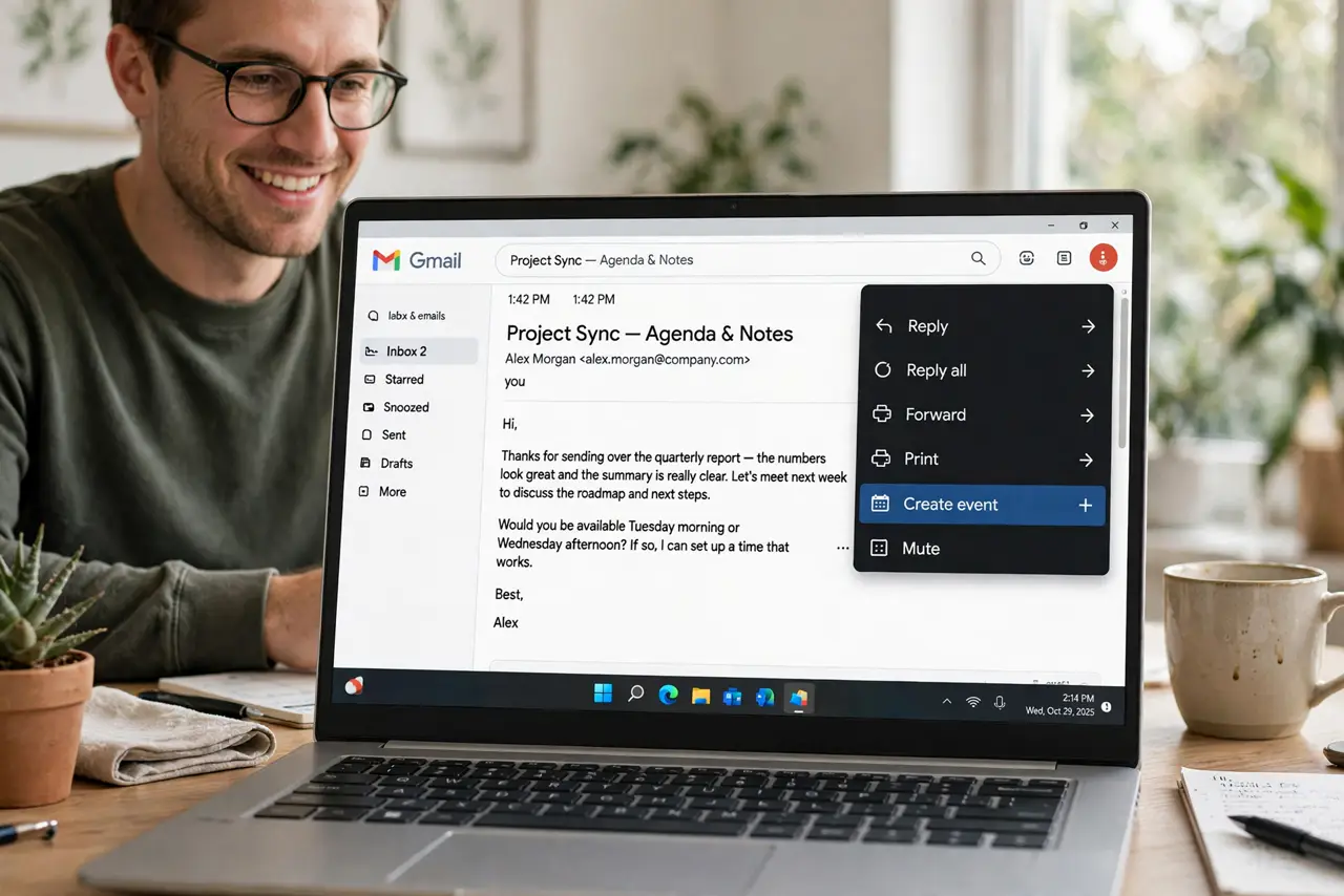 A person looking at a real laptop showing a Gmail email with the three-dot menu open and 'Create event' highlighted, the person's face pleased, home office.