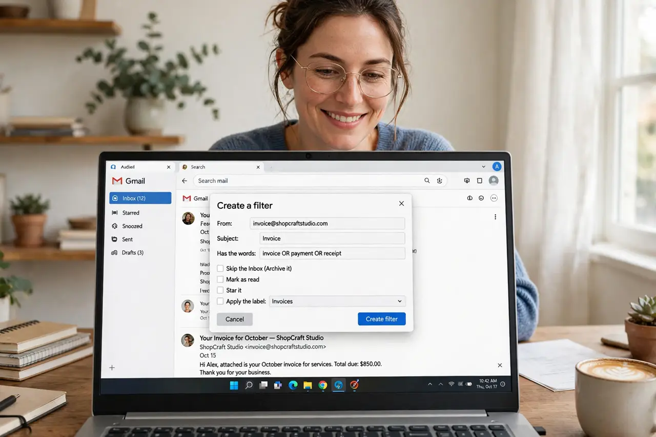 a person using a real laptop showing Gmail with the filter creation dialog open and legible, prefilled from an email, the person's face satisfied, bright home office.