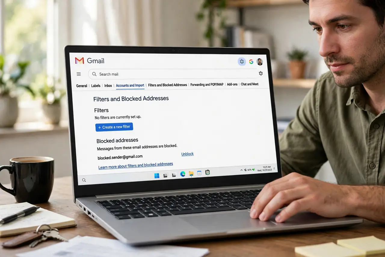 A person performing the first step: Open the Filters settings. Click the gear icon in Gmail, choose See all settings, then the Filters and Blocked.