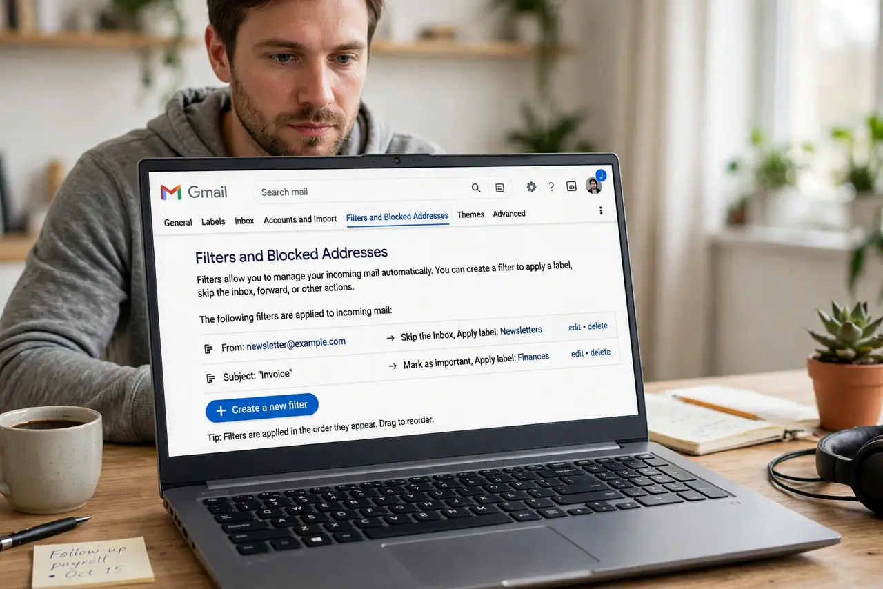 An adult at a home desk using a real Windows laptop showing the Gmail filters settings page with fully legible text, the person's face calm and focused.