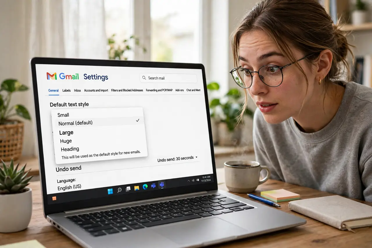 A person looking at a real laptop showing Gmail settings with the default text style dropdown open, the person's face curious, home office.