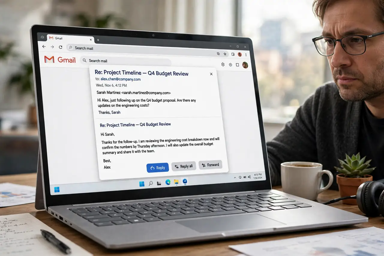 A person at a desk with a real laptop showing a Gmail reply window with the Reply and Reply-all buttons clearly legible, the person's face careful.
