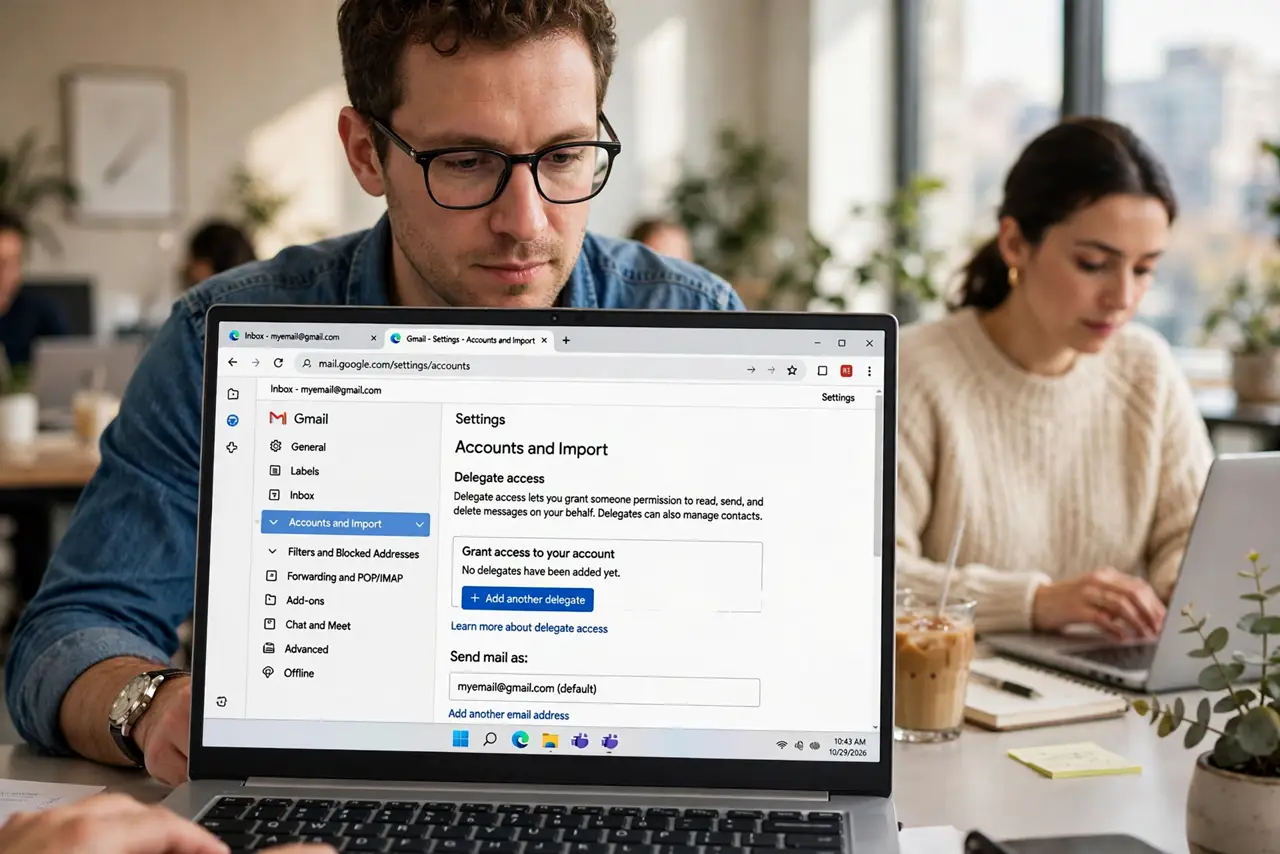 a person using a real laptop showing Gmail settings with the delegate access section open and legible, a second person working at a nearby desk, the person's face focused, bright office.
