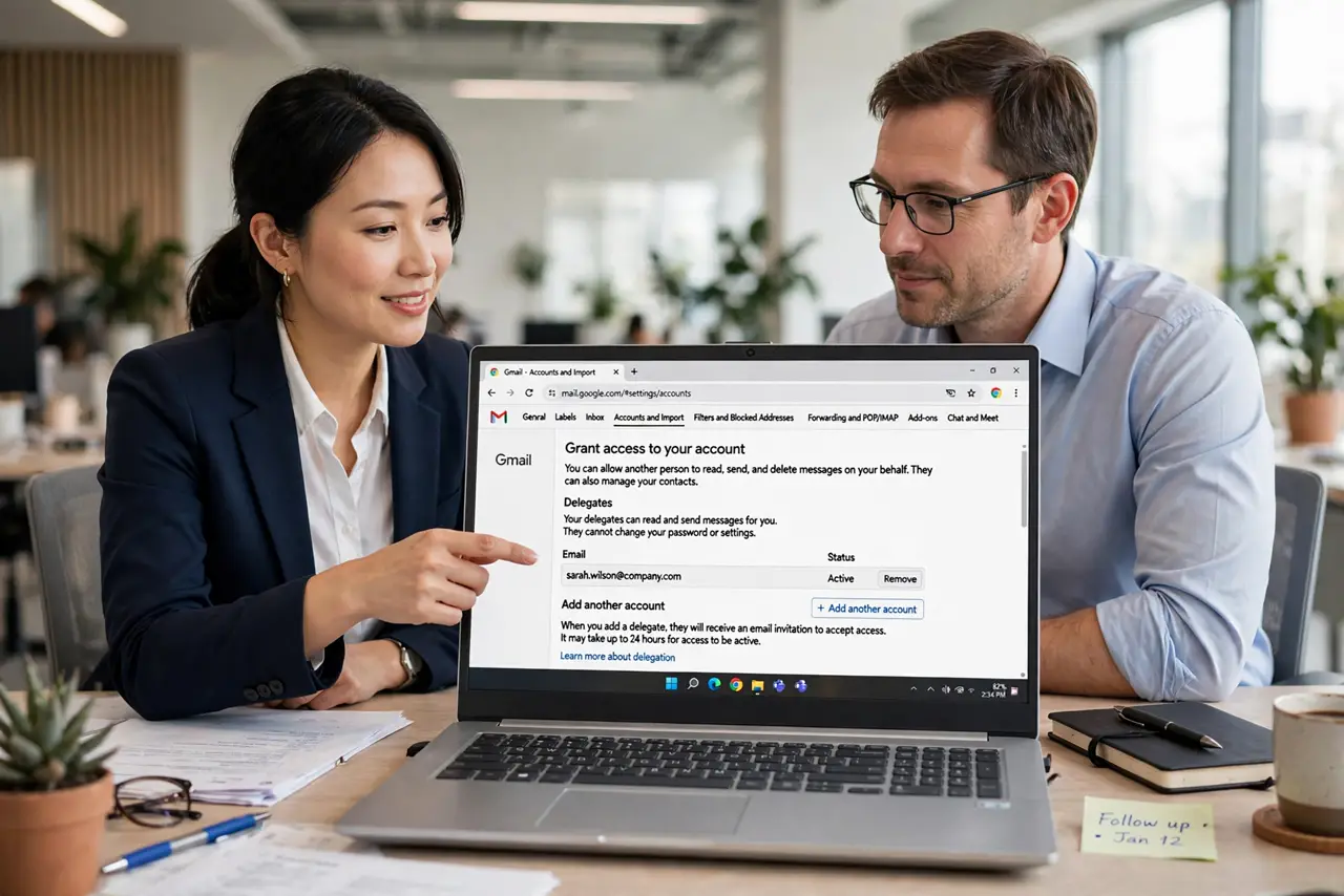 A person at a desk showing a colleague a real laptop with the Gmail delegation settings screen legible, both people calm and professional, bright office.