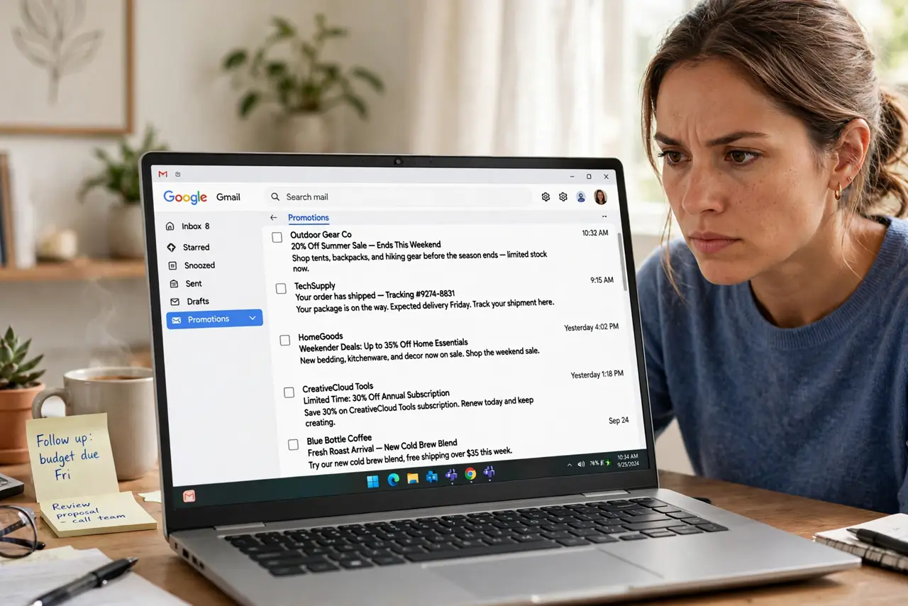 A person looking at a real laptop showing a Gmail Promotions tab with a legible list of promotional emails, the person's face determined, home desk.