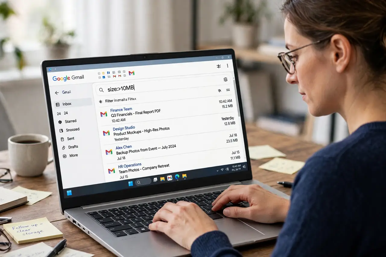 A person performing the first step: Search by size. Type larger:10m in the Gmail search bar to list everything over 10 MB. Try larger:5m or has:attachment.