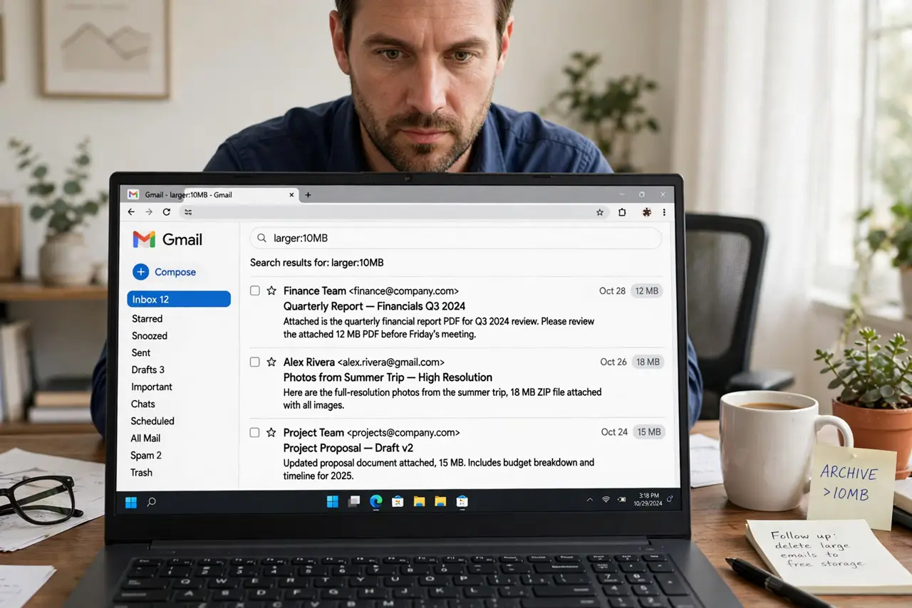 An adult at a desk using a real Windows laptop showing Gmail search results for large emails with fully legible text, the person's face decisive, home office.
