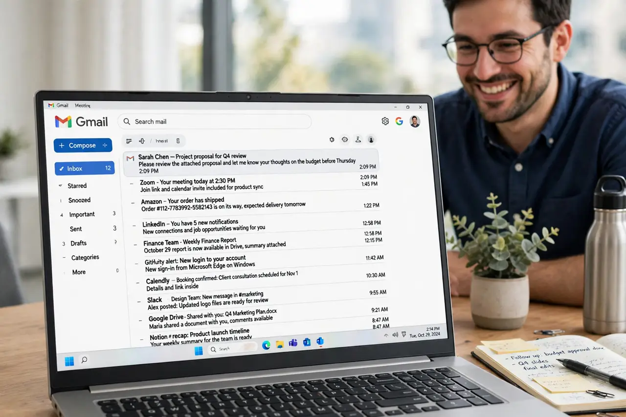 A person at a desk with a real laptop showing Gmail in compact density with many email rows legible on screen, the person's face pleased.