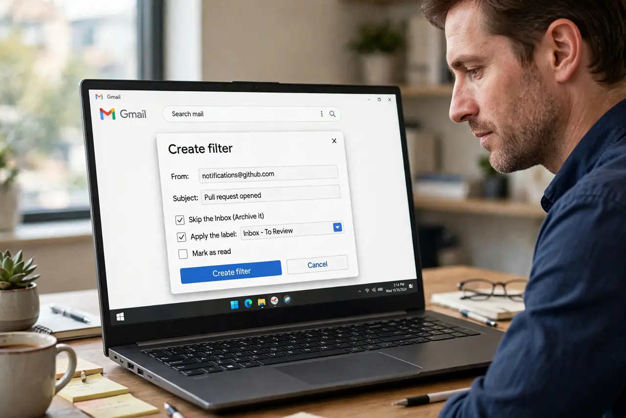 A person performing the first step: Know what Skip the Inbox does. It archives matching mail on arrival — the message skips the inbox and lands under its.