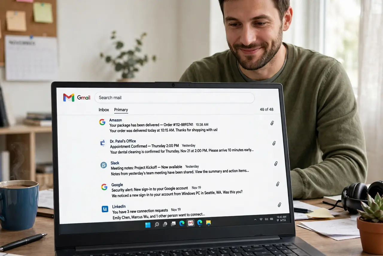 An adult at a home office desk looking at a real Windows laptop showing a clean Gmail inbox with fully legible text, the person's face relieved and satisfied.