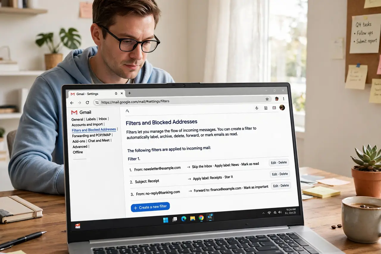 A person at a desk looking at a real laptop showing the Gmail settings screen with the Filters section legible, the person's face focused and organized, bright…