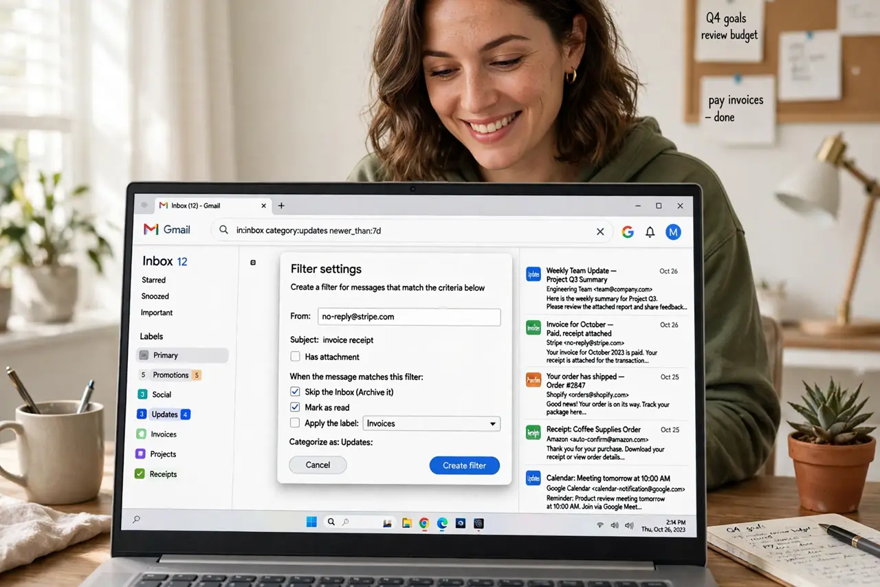 a person looking at a real laptop showing Gmail with labeled and auto-sorted emails, a filter settings dialog open with legible options, the person's face relieved, bright home off.