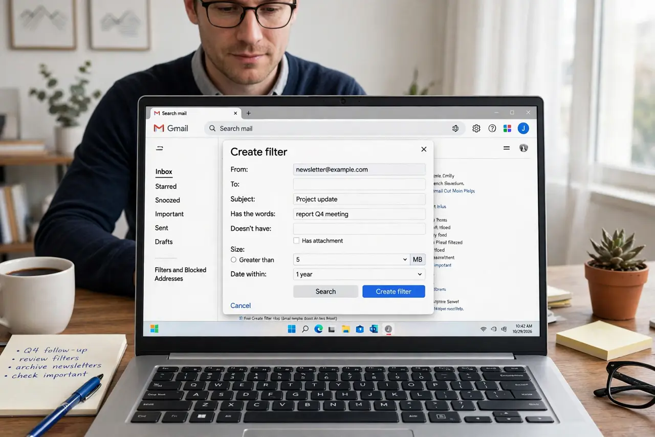 Gmail Filters vs Labels — a calm adult at a desk with a real laptop showing Gmail's filter creation screen with fully legible options, t