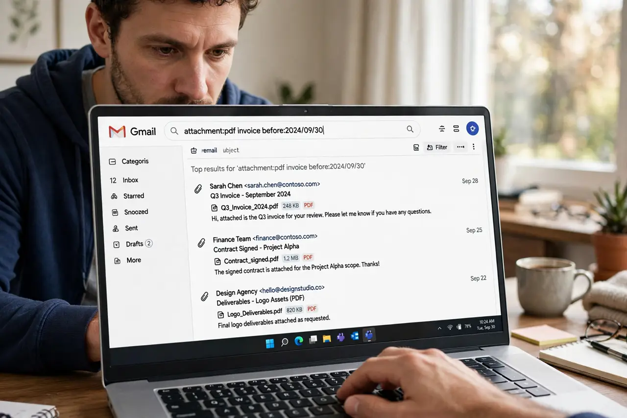 A person typing in a real laptop's Gmail search bar with the search term visible and attachment results listed below, the person's face focused, home office.