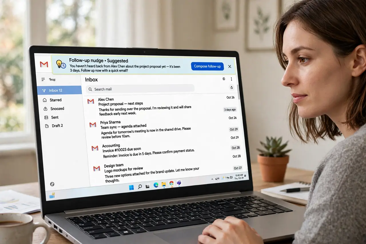a person using a real laptop showing Gmail inbox with a follow-up nudge suggestion visible and legible at the top, the person's face thoughtful, bright home office.