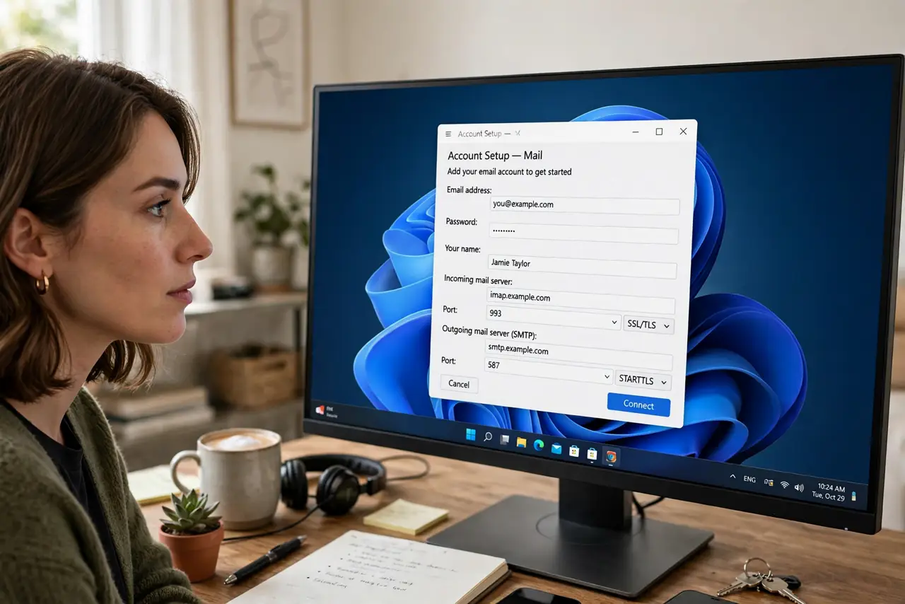 A person looking at a real Windows PC showing a desktop mail app's account setup screen with legible fields, the person's face focused, home office desk.