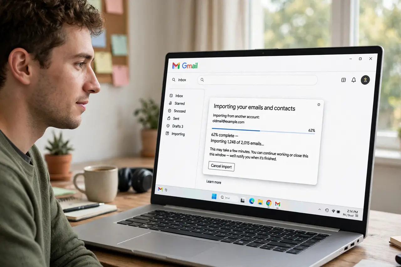 A person watching a real laptop screen showing a Gmail import progress indicator with a percentage visible, the person's face patient, home office.