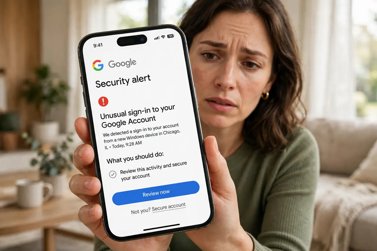 A person holding a real iPhone showing a Google account security screen with legible text, the person's face concerned but attentive, living room.