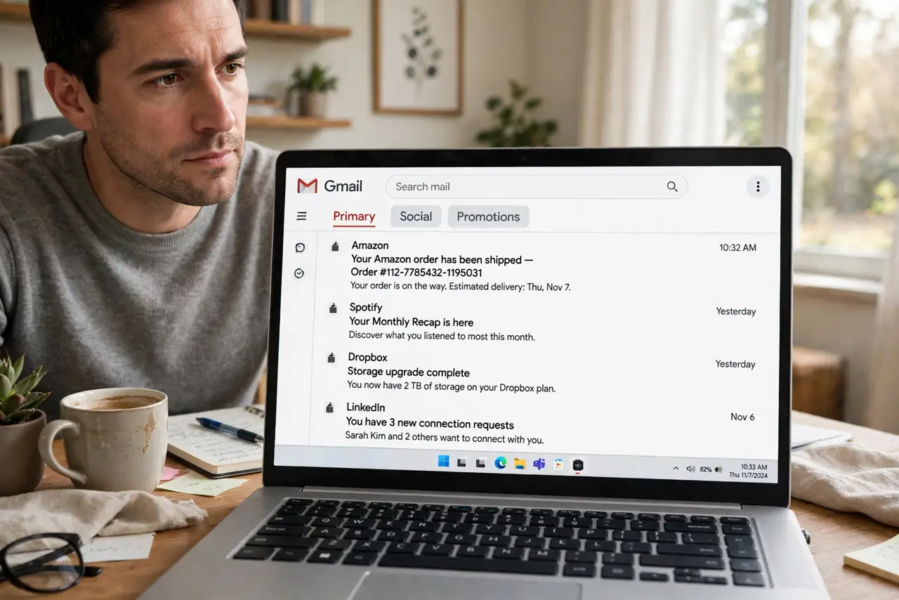 A person looking at a real laptop showing a Gmail inbox with the Primary, Social, and Promotions tabs visible at the top, the person's face thoughtful, home office.