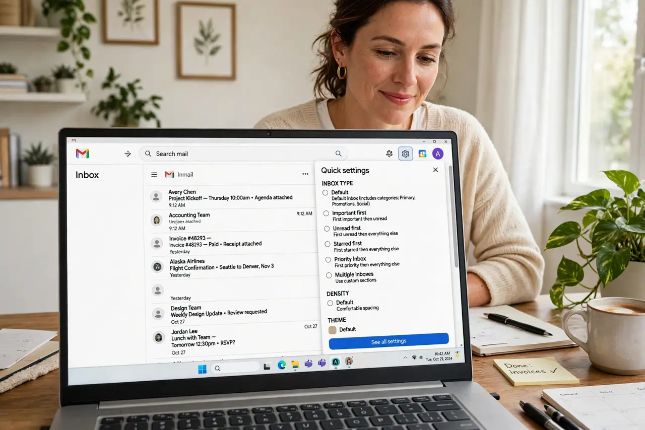 a person using a real laptop showing Gmail with the inbox type settings menu open and legible, an organized inbox visible behind it, the person's face relieved, bright home office.