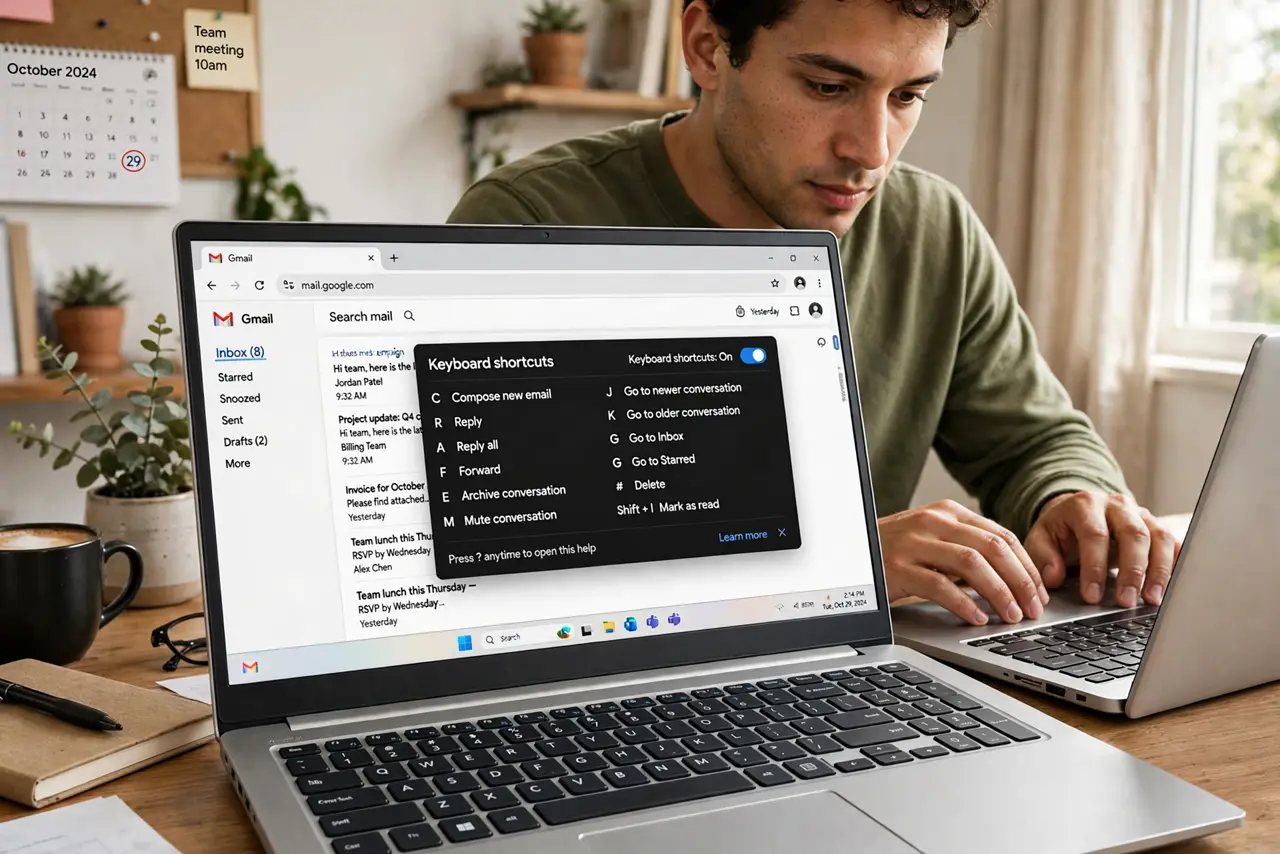 a person typing on a real laptop showing Gmail with the keyboard shortcuts help overlay open, fingers on the home row, the person's face in flow, bright home office. No black scree.