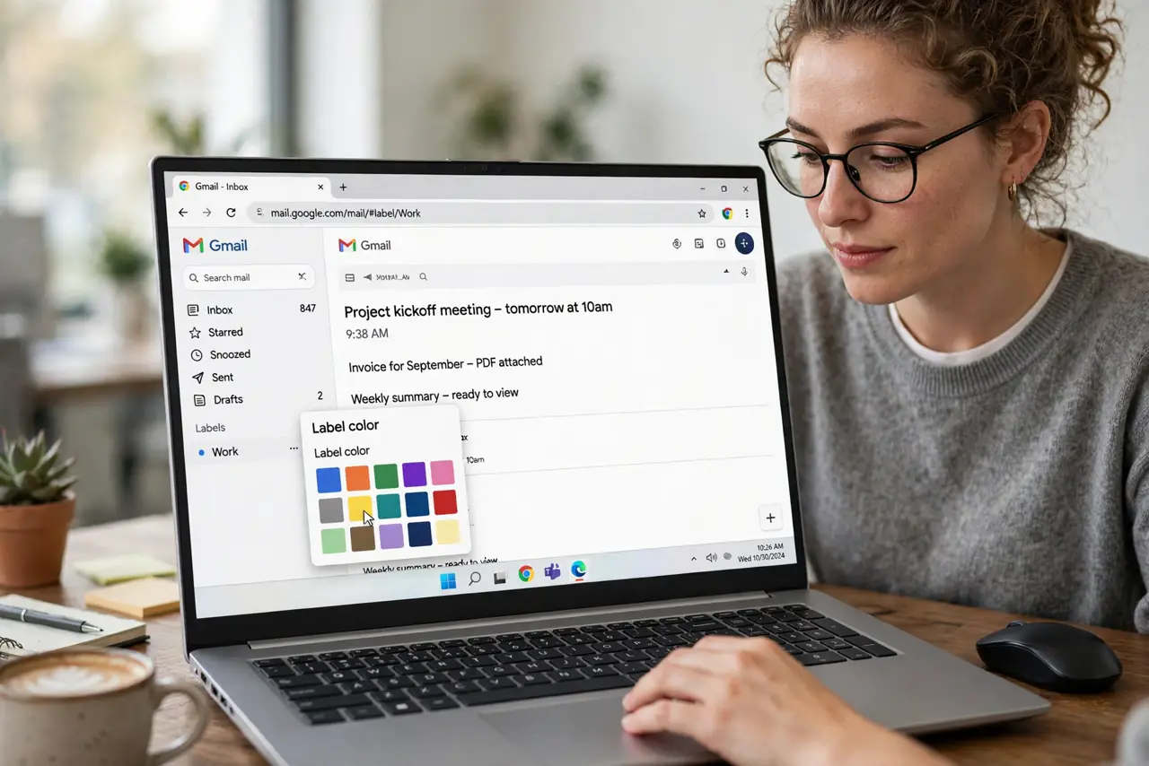 A person performing the first step: Open the label color menu. Hover any label in the left sidebar, click the three dots that appear, and choose Label.