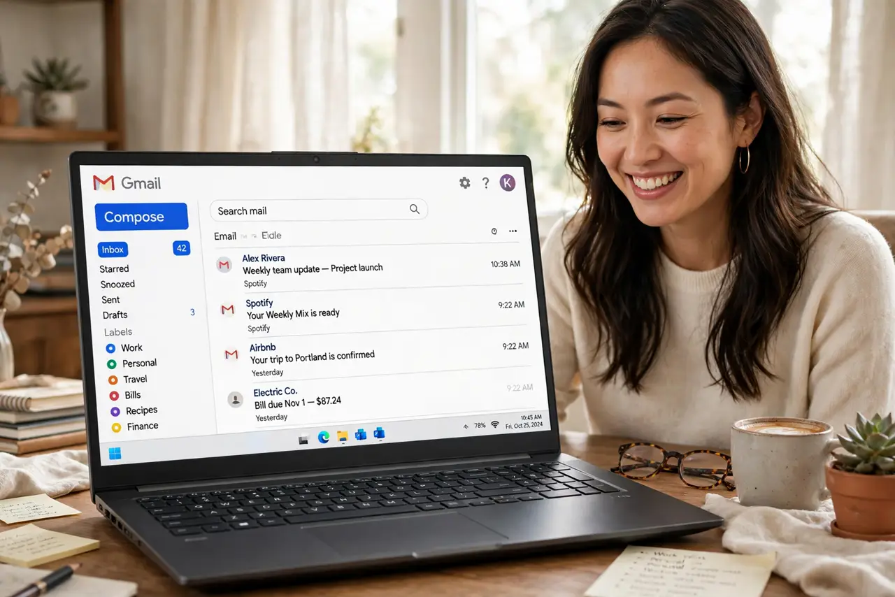 An adult using a real Windows laptop showing the Gmail sidebar with colored labels fully legible, the person's face pleased, home office.