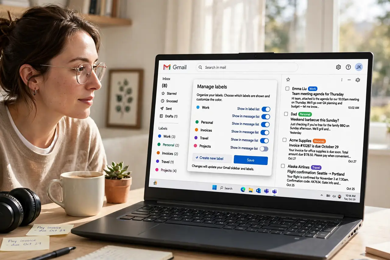 a person looking at a real laptop showing Gmail with colorful labels applied to emails, a label management dialog open with legible options, the person's face enlightened, bright h.