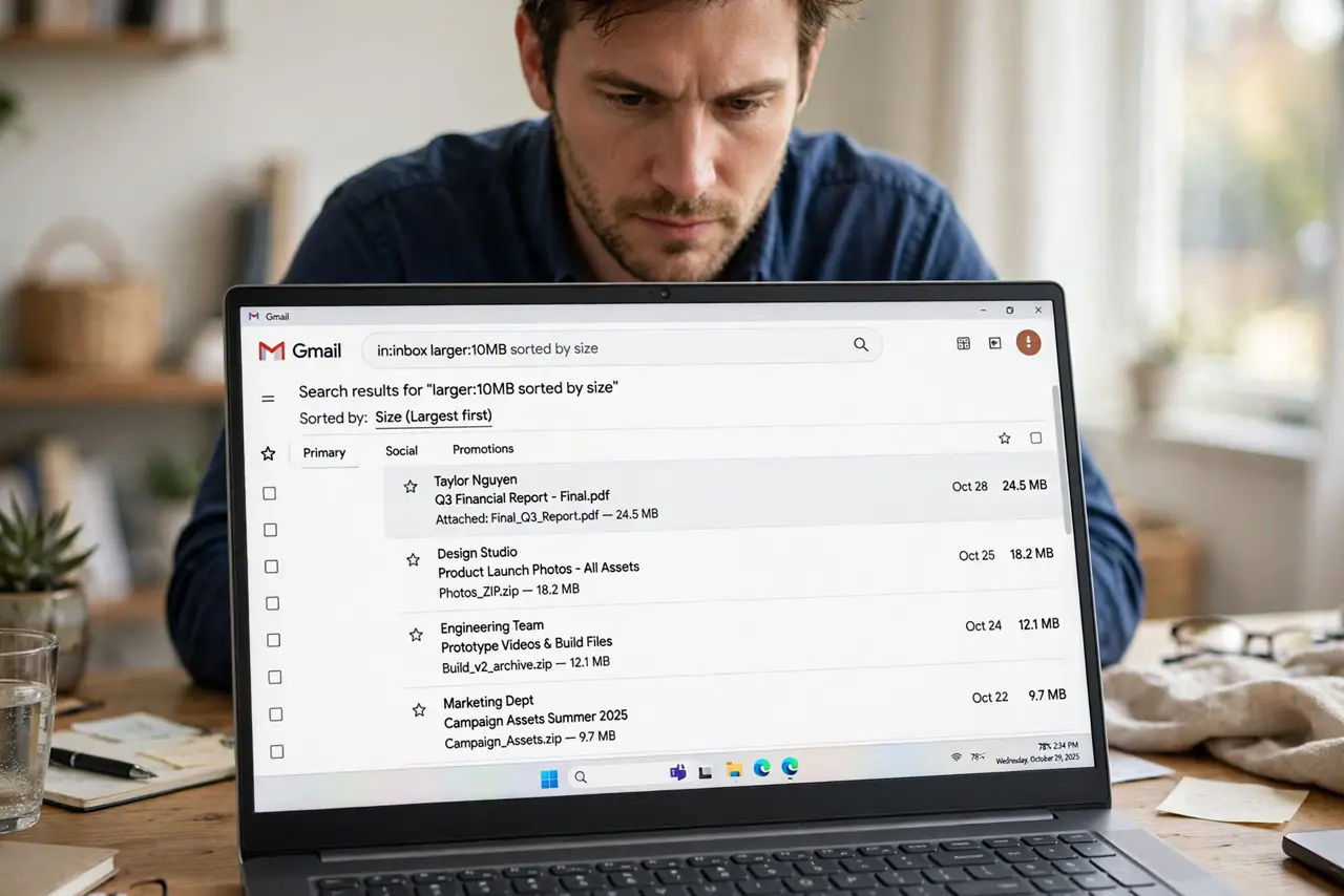 A person looking at a real laptop showing Gmail search results sorted by size with legible large emails, the person's face determined, home office.