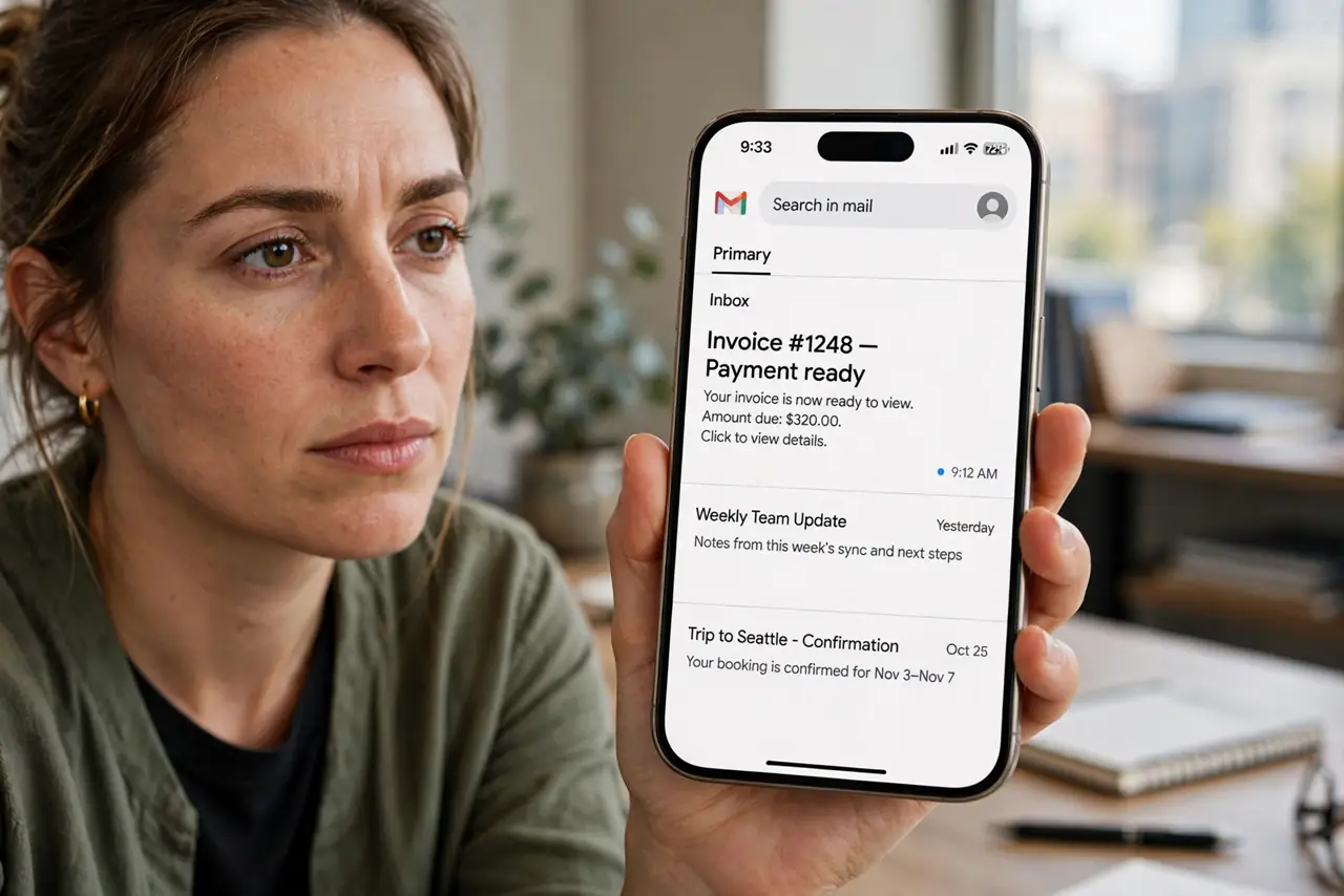 A person holding a real iPhone showing the Gmail app with one bold unread message at the top of a legible list, the person's face thoughtful, office background.