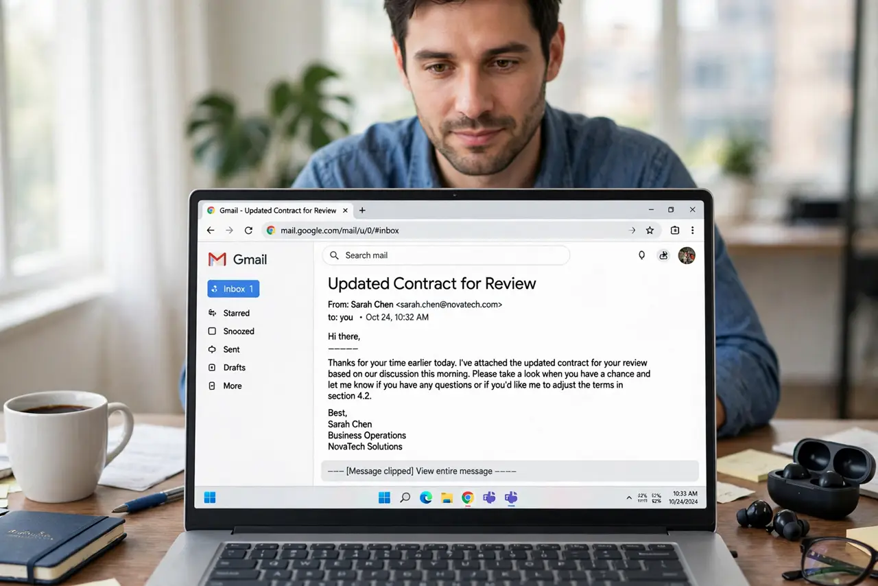 'Message Clipped' in Gmail — a calm adult at a desk with a real laptop showing a Gmail message with the 'Message clipped' notice fully legi